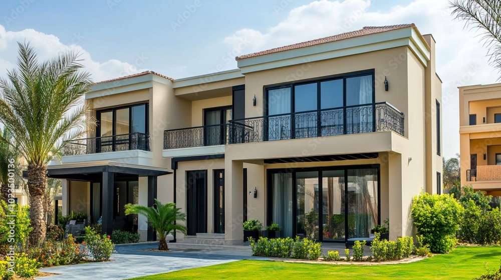 Modern luxury villa with palm trees in foreground, featuring large windows, balconies, and manicured lawn, set against clear blue sky in upscale neighborhood. Modern luxury villa with palm trees in foreground, featuring large windows, balconies, and manicured lawn, set against clear blue sky in upscale neighborhood.