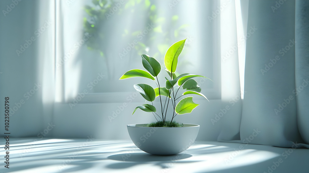 3D Illustration of a Green Plant in a White Pot by a Window 3D Illustration of a Green Plant in a White Pot by a Window