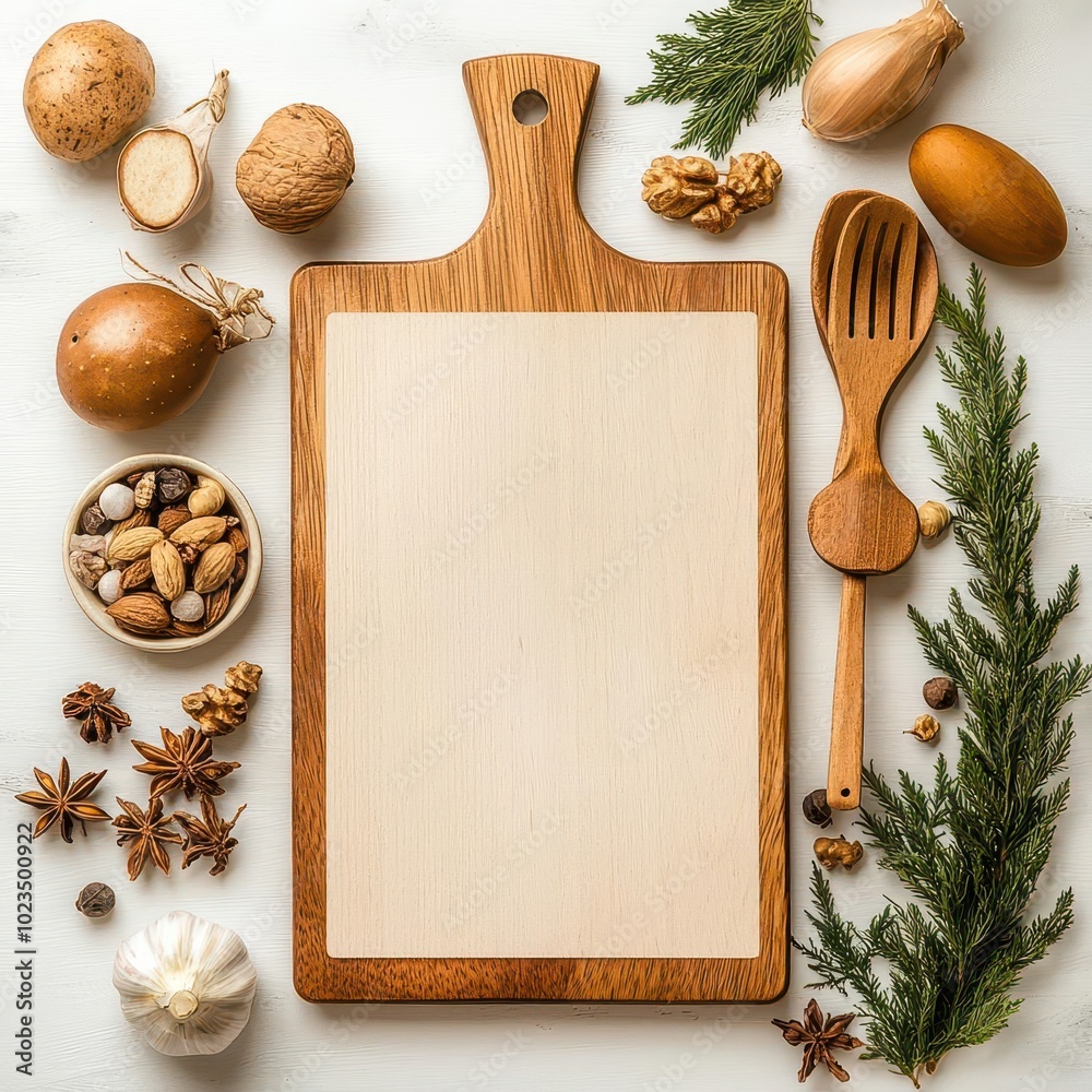 Wooden cutting board surrounded by assorted nuts and herbs on a white background. Wooden cutting board surrounded by assorted nuts and herbs on a white background.