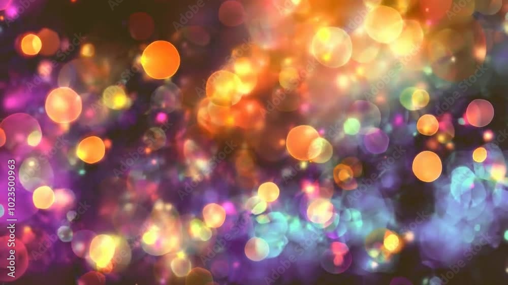 A vibrant, blurred background of colorful bokeh lights.