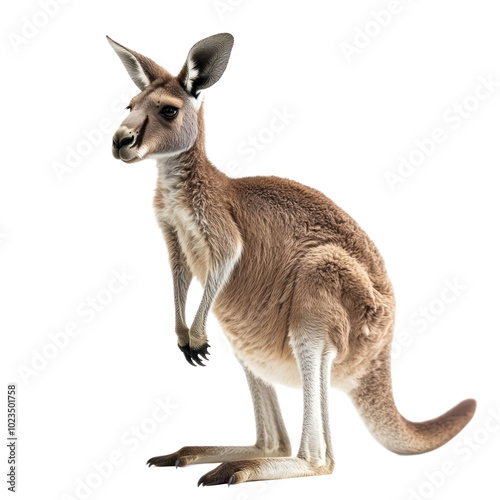 Adult kangaroo standing upright, showing its powerful legs and strong tail. isolated on transparency background
