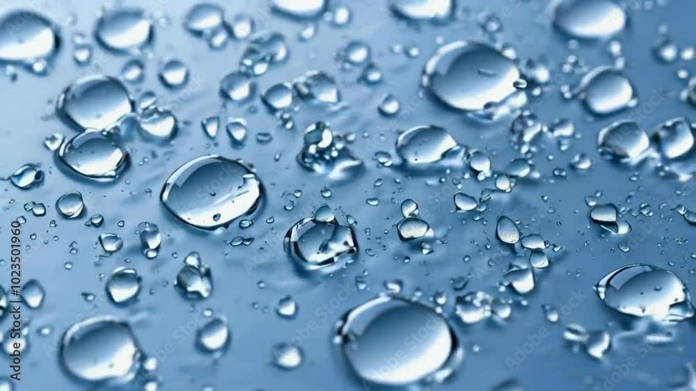Close-up of water droplets on a smooth surface, showcasing reflections and clarity.