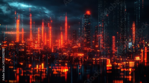 A futuristic cityscape illuminated by glowing red lights and digital elements against a moody night sky.