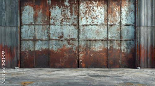 Rusty Metal Garage Door with Concrete Floor - 3D Illustration