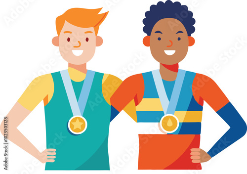 A vector illustration of two athletes wearing medals, symbolizing achievement, victory, and sportsmanship.