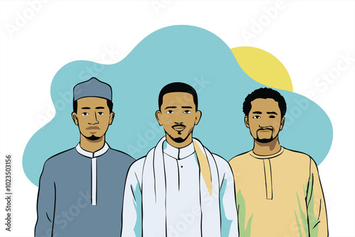 A vector illustration of three men standing side by side, symbolizing teamwork, unity, and collaboration.