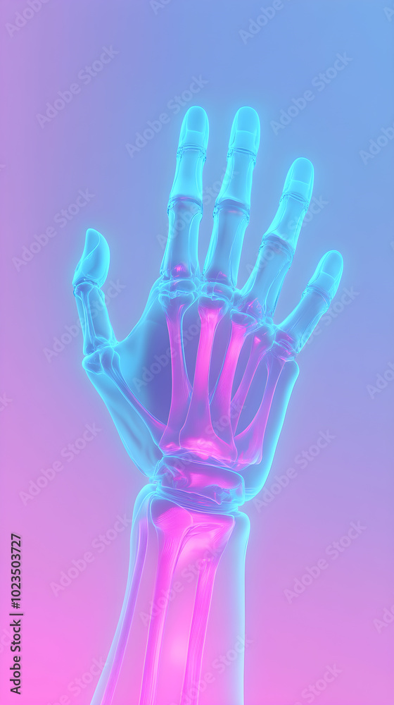 A hand with a skeleton bone in it is shown in a blue and pink color A hand with a skeleton bone in it is shown in a blue and pink color