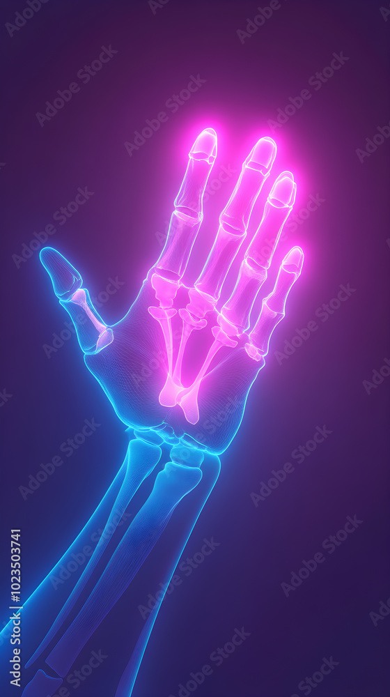 A hand with pink and blue bones is shown in a dark background A hand with pink and blue bones is shown in a dark background