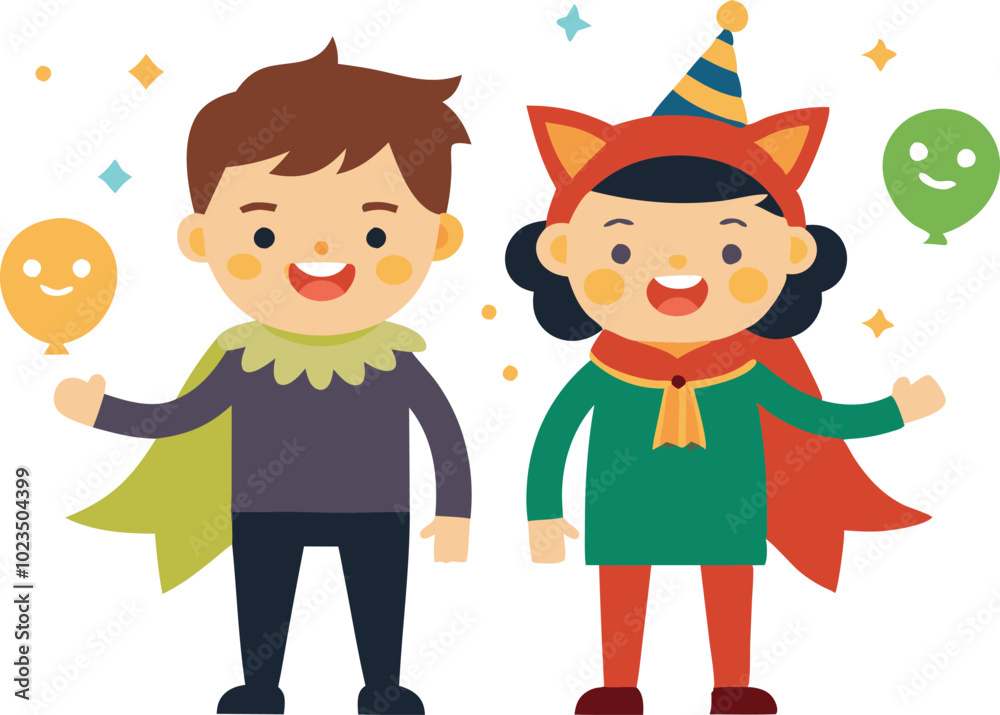 A vector illustration of two children in Halloween costumes, symbolizing fun, play, and festive holiday celebrations. A vector illustration of two children in Halloween costumes, symbolizing fun, play, and festive holiday celebrations.