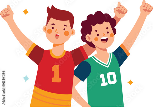 A vector illustration of two boys in sports jerseys celebrating, symbolizing teamwork, achievement, and sports.