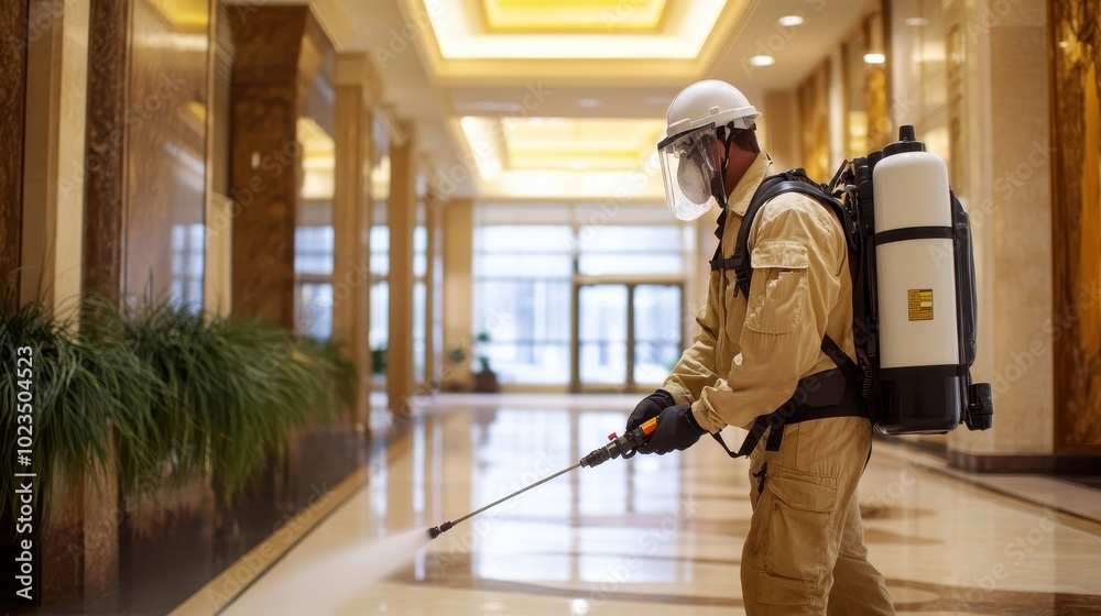 A worker in protective gear sprays disinfectant in a large commercial space A worker in protective gear sprays disinfectant in a large commercial space