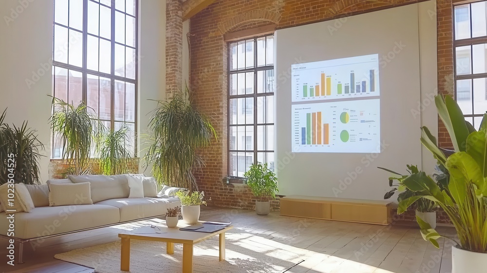 Fototapeta premium A bright and modern office space featuring a comfortable sofa and a presentation screen displaying colorful charts and graphs.