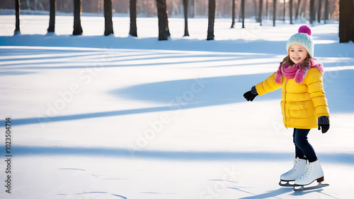 Cute little child girl in pink hat and yellow jacket skating on ice rink on a sunny winter cold day. Wintertime weekend outdoors.Generative AI  photo