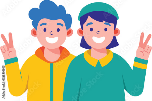 A vector illustration of two happy boys showing peace signs, symbolizing friendship, joy, and childhood fun.