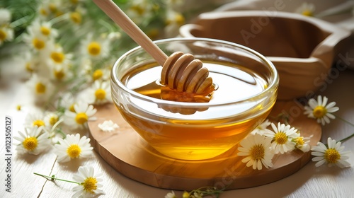 A bowl of honey with a wooden dipper surrounded by fresh flowers.