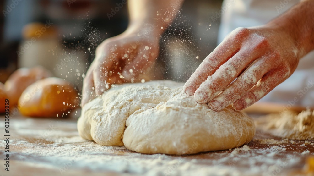 Baking bread, close-up of dough being shaped by hands, flour dusted on the table Baking bread, close-up of dough being shaped by hands, flour dusted on the table