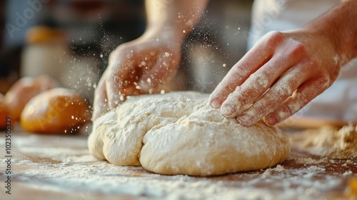 Baking bread, close-up of dough being shaped by hands, flour dusted on the table