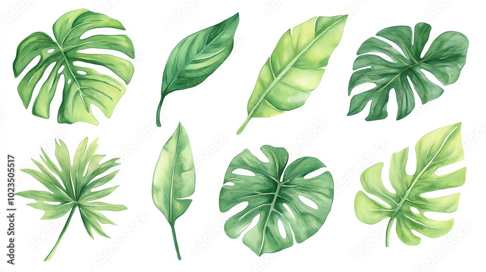 A vibrant collection of green leaves featuring various shapes and textures, perfect for nature-themed designs and illustrations.