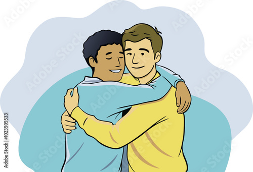 A vector illustration of two men hugging, symbolizing friendship, care, and emotional support in their relationship.