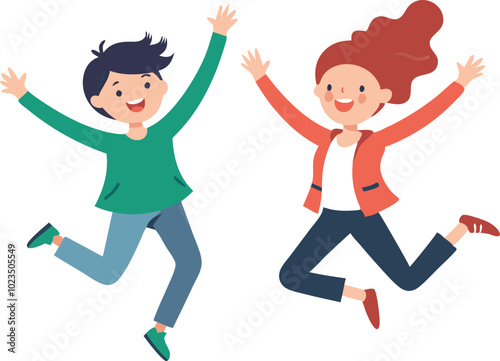 A vector illustration of two happy children jumping with raised arms, symbolizing joy, fun, and childhood play.