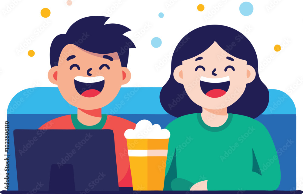 A vector illustration of two friends enjoying a movie, with snacks and happy expressions, symbolizing fun and friendship. A vector illustration of two friends enjoying a movie, with snacks and happy expressions, symbolizing fun and friendship.