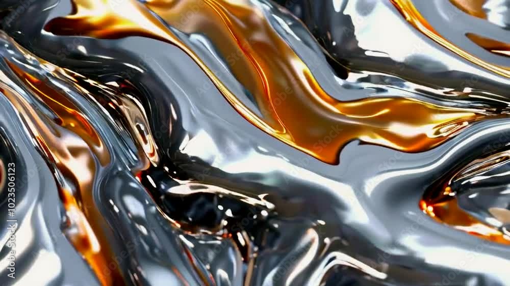 Abstract metallic waves in silver and orange hues create a dynamic visual texture. Abstract metallic waves in silver and orange hues create a dynamic visual texture.