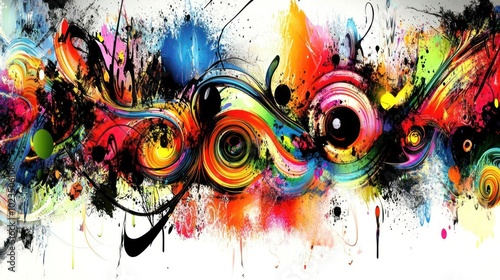 Vibrant abstract artwork featuring swirling colors and dynamic shapes.