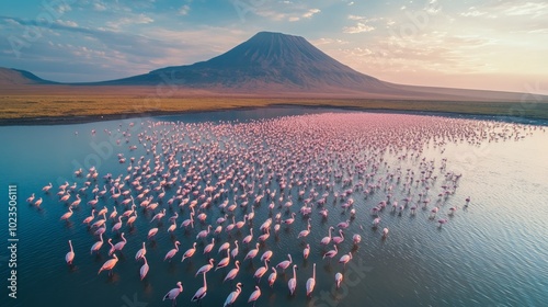 A large flock of flamingos stand in a lake at sunrise, with a mountain in the background.