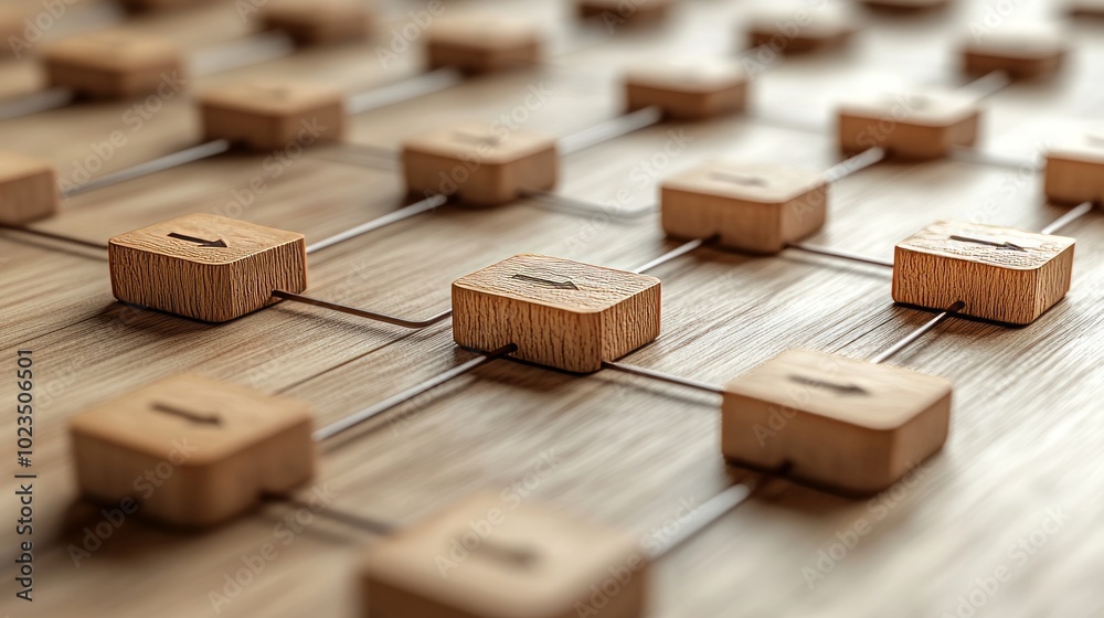 A close-up view of interconnected wooden blocks on a surface, suggesting a modular design. A close-up view of interconnected wooden blocks on a surface, suggesting a modular design.