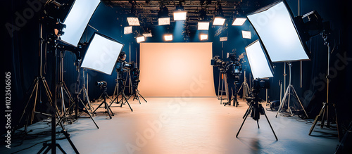 A studio with a large white screen and a number of lights