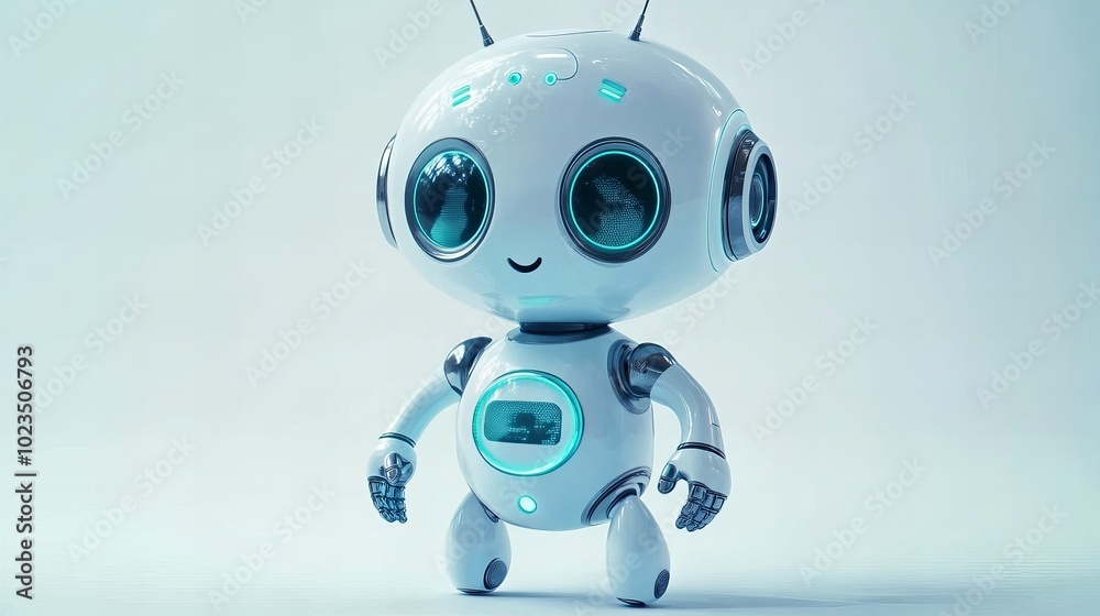 A small, friendly robot with big blue eyes stands against a light blue background. A small, friendly robot with big blue eyes stands against a light blue background.