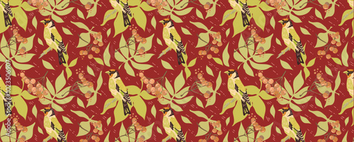 A seamless pattern of birds and branches with berries. The birds are in muted orange and black tones, creating a calm and peaceful design.