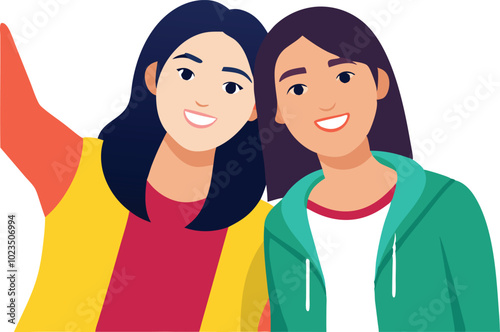 A vector illustration of two friends posing together, symbolizing friendship, happiness, and shared moments.