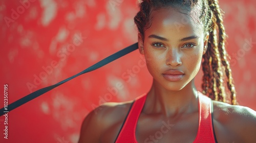 A close-up portrait of an athletic young woman with braided hair against a vibrant red background, showcasing her confidence and strength.