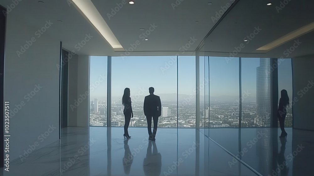 Fototapeta premium Business professionals admire a panoramic city view from a modern office space, enhancing the inspiration and vision.