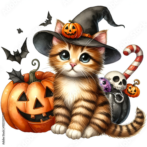 Watercolor Clipart of a cute Halloween kitten, isolated on a white background