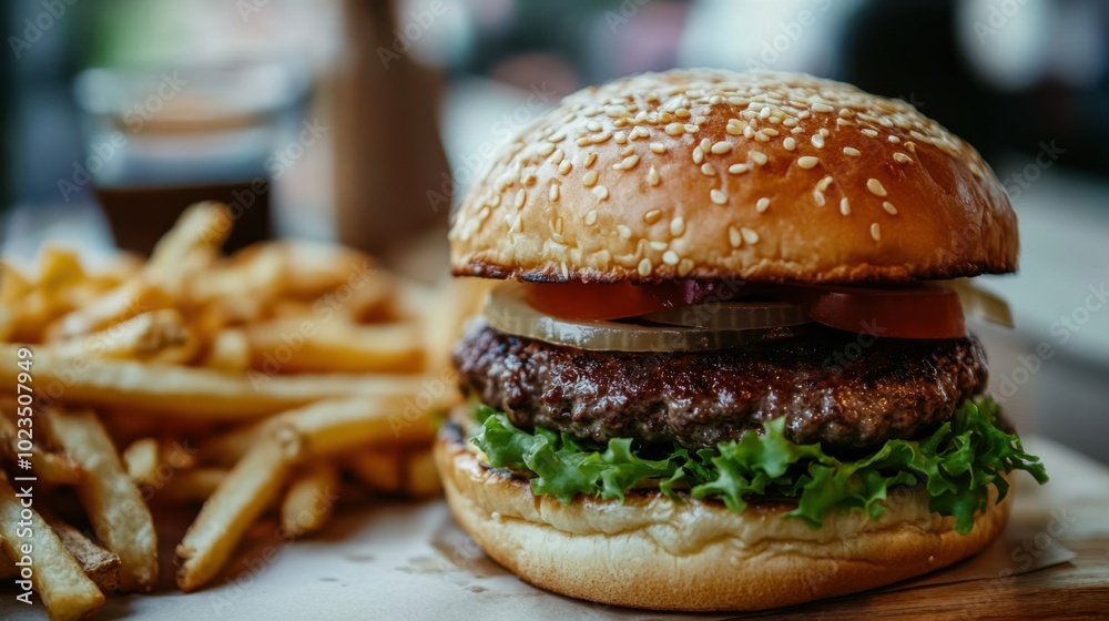 Burger with fries, close-up of juicy burger and crispy fries. Burger with fries, close-up of juicy burger and crispy fries.