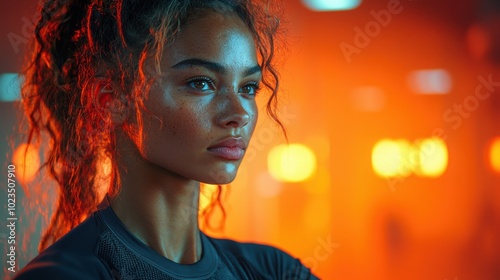 A close-up portrait of a young woman with curly hair and freckles. She has a thoughtful expression and illuminated by warm, abstract lights.