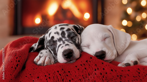 A charming Christmas card featuring Dalmatian puppies snuggled together under a warm, red blanket in front of a roaring fireplace. Stockings are hung above the mantel, and twinklin photo