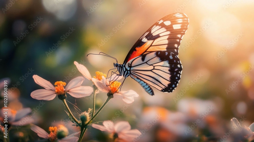 Butterfly on flower, close-up of delicate wings on vibrant petals. Butterfly on flower, close-up of delicate wings on vibrant petals.