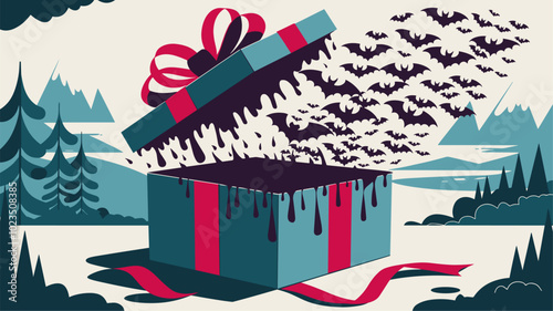 Surreal vision of gift box melting into swarm of bats.