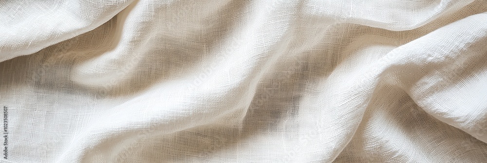 A close-up view of white linen fabric, showcasing its soft texture and natural draping. The gentle folds create an inviting and relaxed atmosphere, ideal for various design projects A close-up view of white linen fabric, showcasing its soft texture and natural draping. The gentle folds create an inviting and relaxed atmosphere, ideal for various design projects