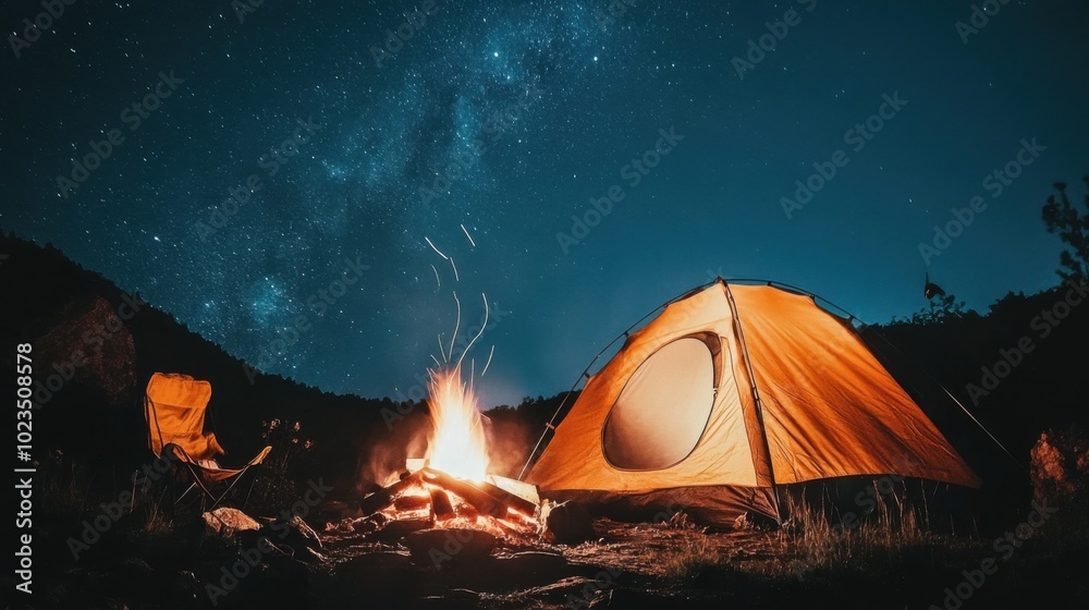 Camping under stars, close-up of campfire and tent setup, starry night sky in background Camping under stars, close-up of campfire and tent setup, starry night sky in background