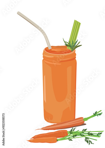 Carrot juice in a jar with a straw, celery and rosemary. Half and whole carrot with tops and leaves. Vector illustration of a bright orange vegetable drink. Vegetable juice. Vegetarianism, diet, detox