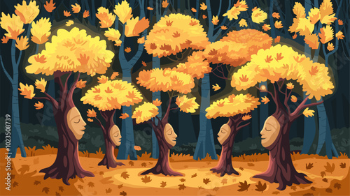 Surreal autumn forest with glowing leaves and whispering trees.