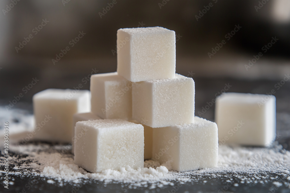 White Sugar Cubes on Black Surface with Powdered Sugar White Sugar Cubes on Black Surface with Powdered Sugar