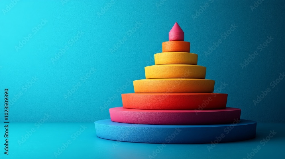 A colorful stacking toy arranged in a pyramid shape on a blue background. A colorful stacking toy arranged in a pyramid shape on a blue background.