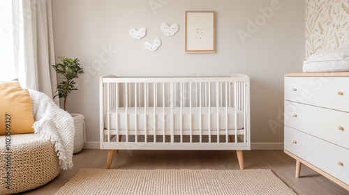 Stylish baby nursery featuring a modern crib, cozy armchair, and decorative elements. Soft color scheme and natural decor create a serene environment for infants.