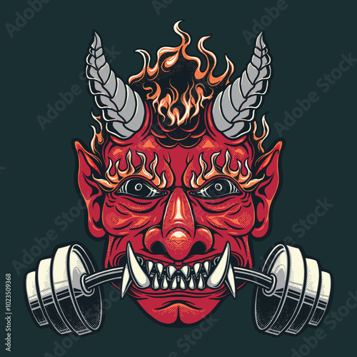 premium vector devil head biting the barbell badge emblem logo graphic red