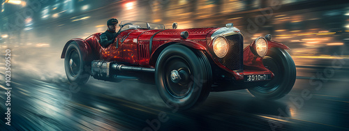 A red vintage car is driving down a wet road